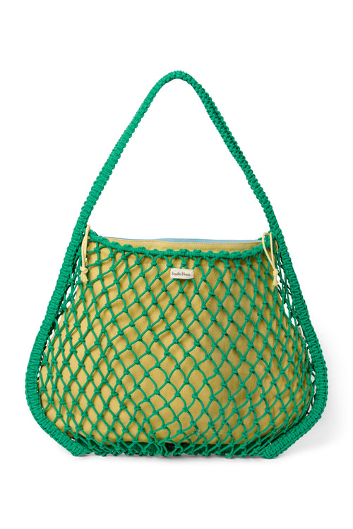 Wende-Inlay in Blau-Gelb | Macramé Mom-Bag in Grün mit