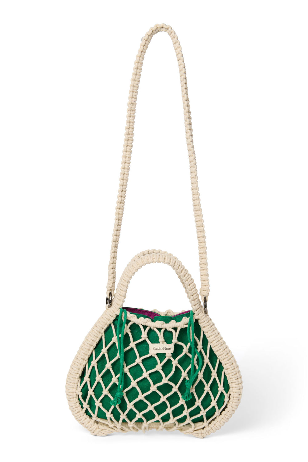 Wende-Inlay in Lila-Grün | Mini-Handtasche aus Makramee in Natur mit