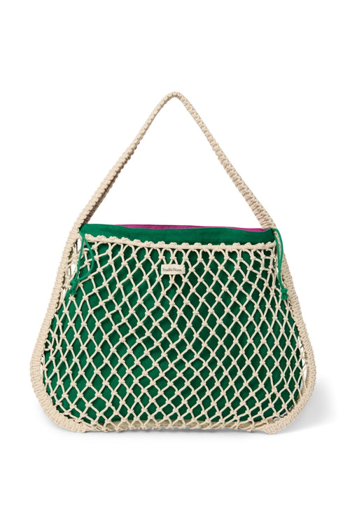 Wende-Inlay in Lila-Grün | Mini-Handtasche aus Makramee in Natur mit