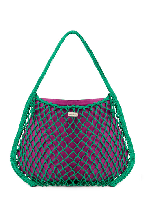 Wende-Inlay in Lila-Grün | Macramé Mom-Bag in Grün mit