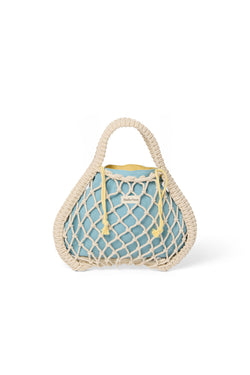Wende-Inlay in Blau-Gelb | Mini-Handtasche aus Makramee in Natur mit