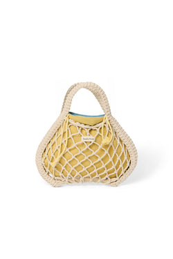 Wende-Inlay in Blau-Gelb | Mini-Handtasche aus Makramee in Natur mit