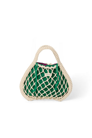 Wende-Inlay in Lila-Grün | Mini-Handtasche aus Makramee in Natur mit