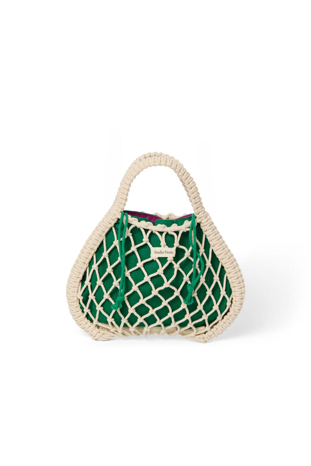 Wende-Inlay in Lila-Grün | Mini-Handtasche aus Makramee in Natur mit