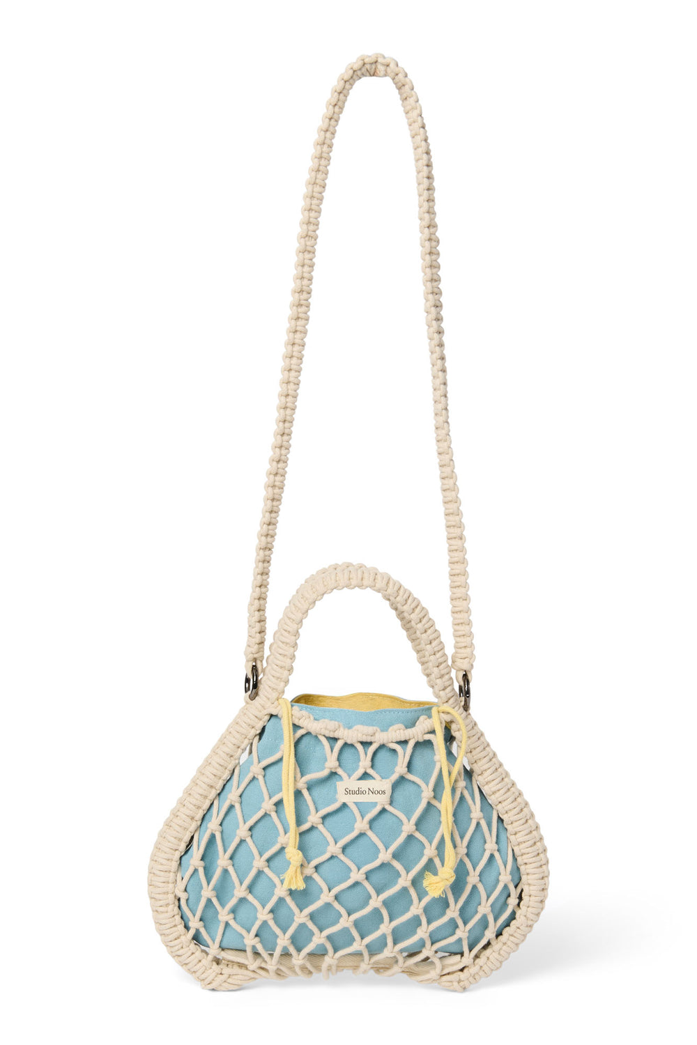 Wende-Inlay in Blau-Gelb | Mini-Handtasche aus Makramee in Natur mit