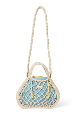 Wende-Inlay in Blau-Gelb | Mini-Handtasche aus Makramee in Natur mit