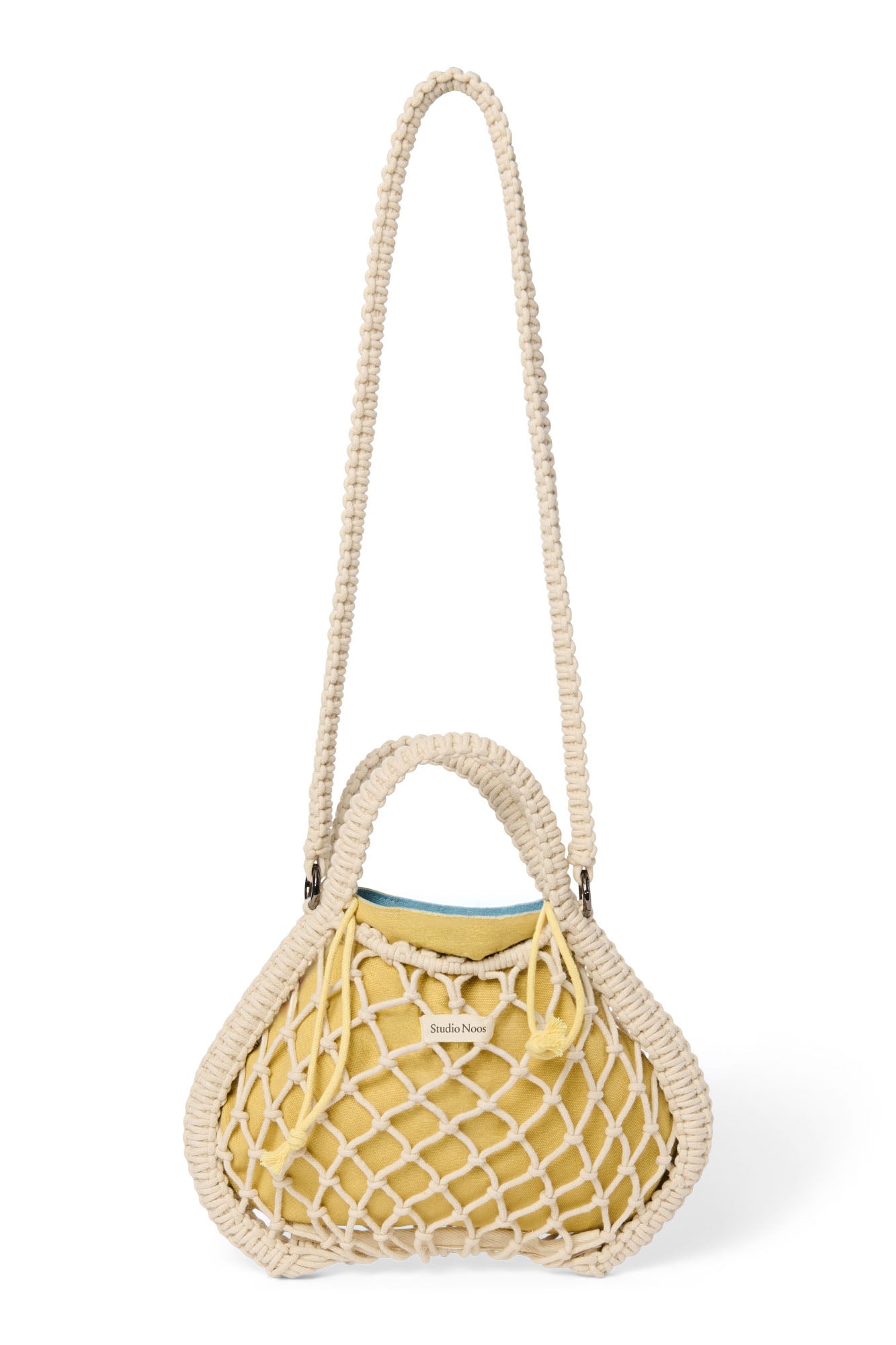 Wende-Inlay in Blau-Gelb | Mini-Handtasche aus Makramee in Natur mit
