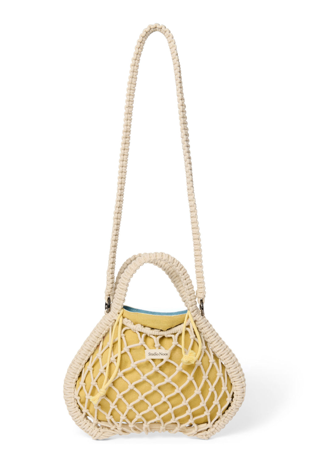 Wende-Inlay in Blau-Gelb | Mini-Handtasche aus Makramee in Natur mit
