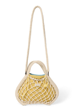 Wende-Inlay in Blau-Gelb | Mini-Handtasche aus Makramee in Natur mit