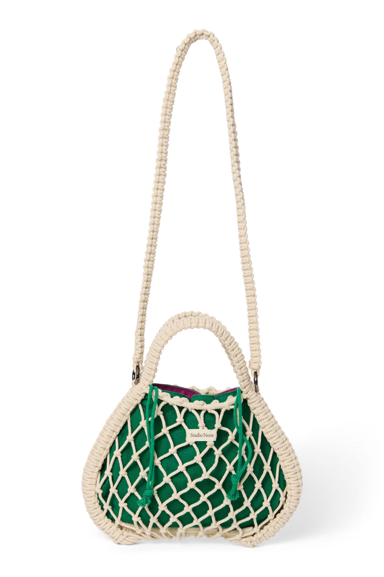 Wende-Inlay in Lila-Grün | Mini-Handtasche aus Makramee in Natur mit
