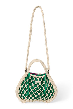 Wende-Inlay in Lila-Grün | Mini-Handtasche aus Makramee in Natur mit
