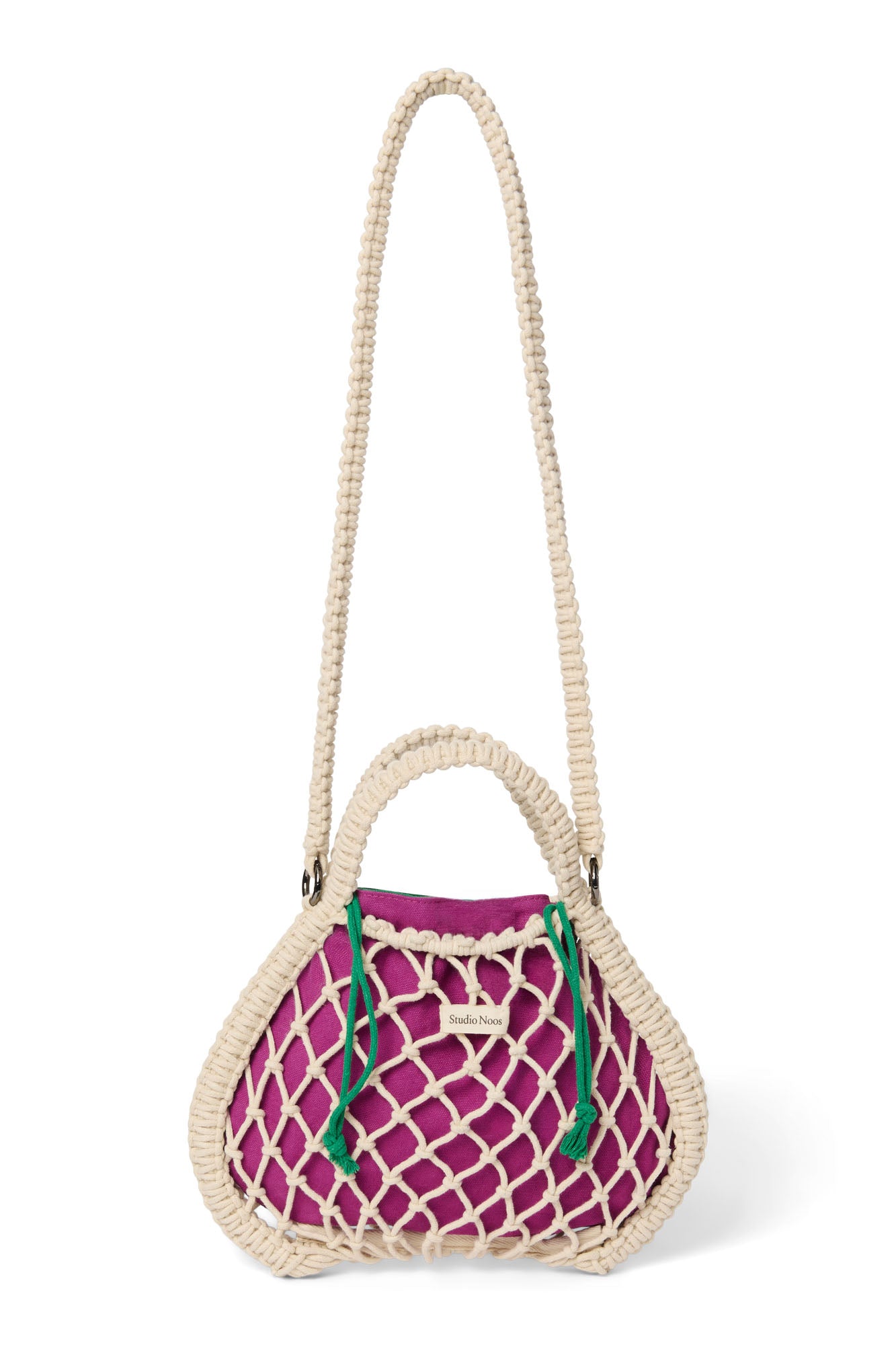 Wende-Inlay in Lila-Grün | Mini-Handtasche aus Makramee in Natur mit