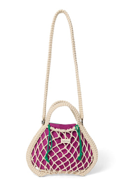 Wende-Inlay in Lila-Grün | Mini-Handtasche aus Makramee in Natur mit