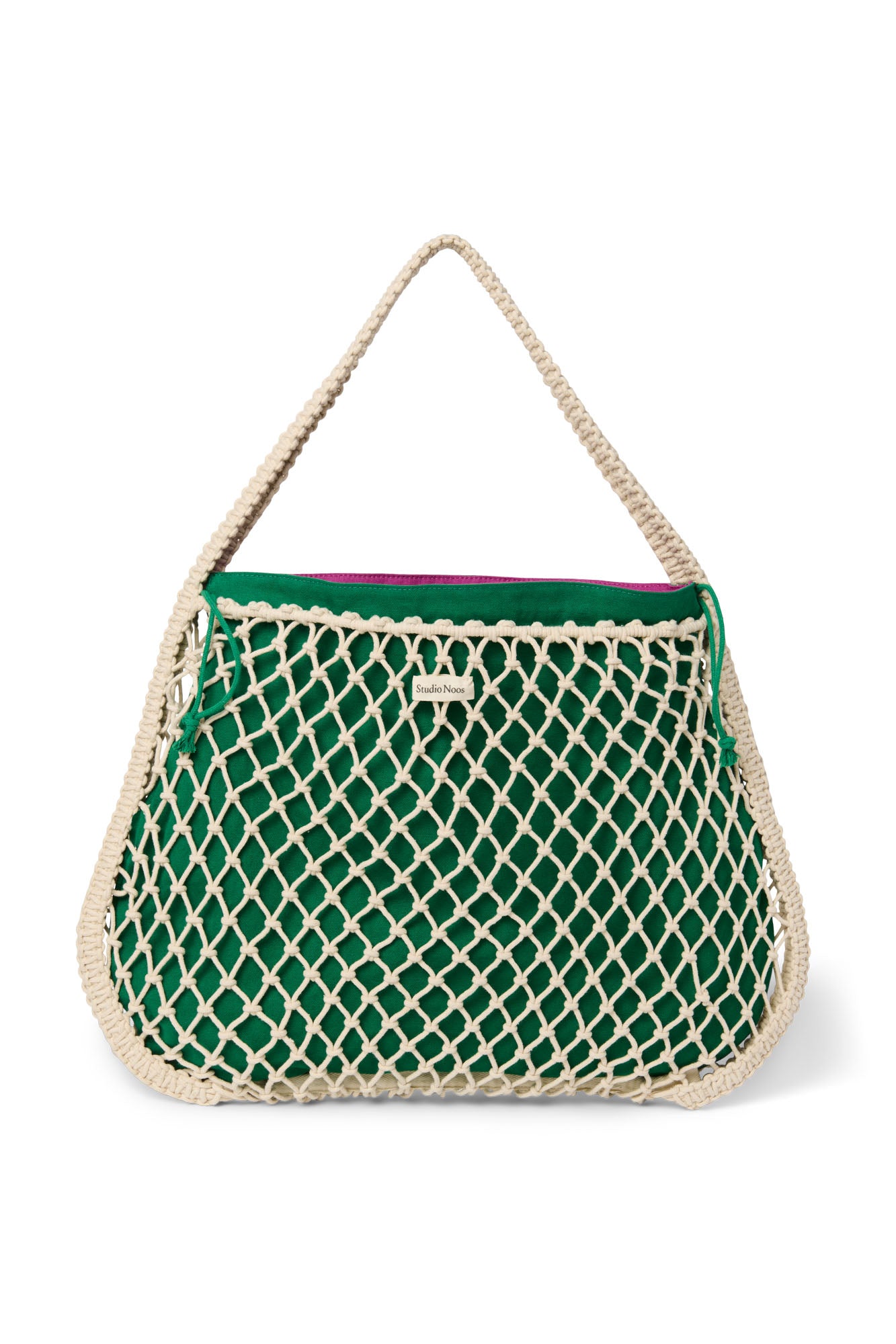 Wende-Inlay in Lila-Grün | Mini-Handtasche aus Makramee in Natur mit