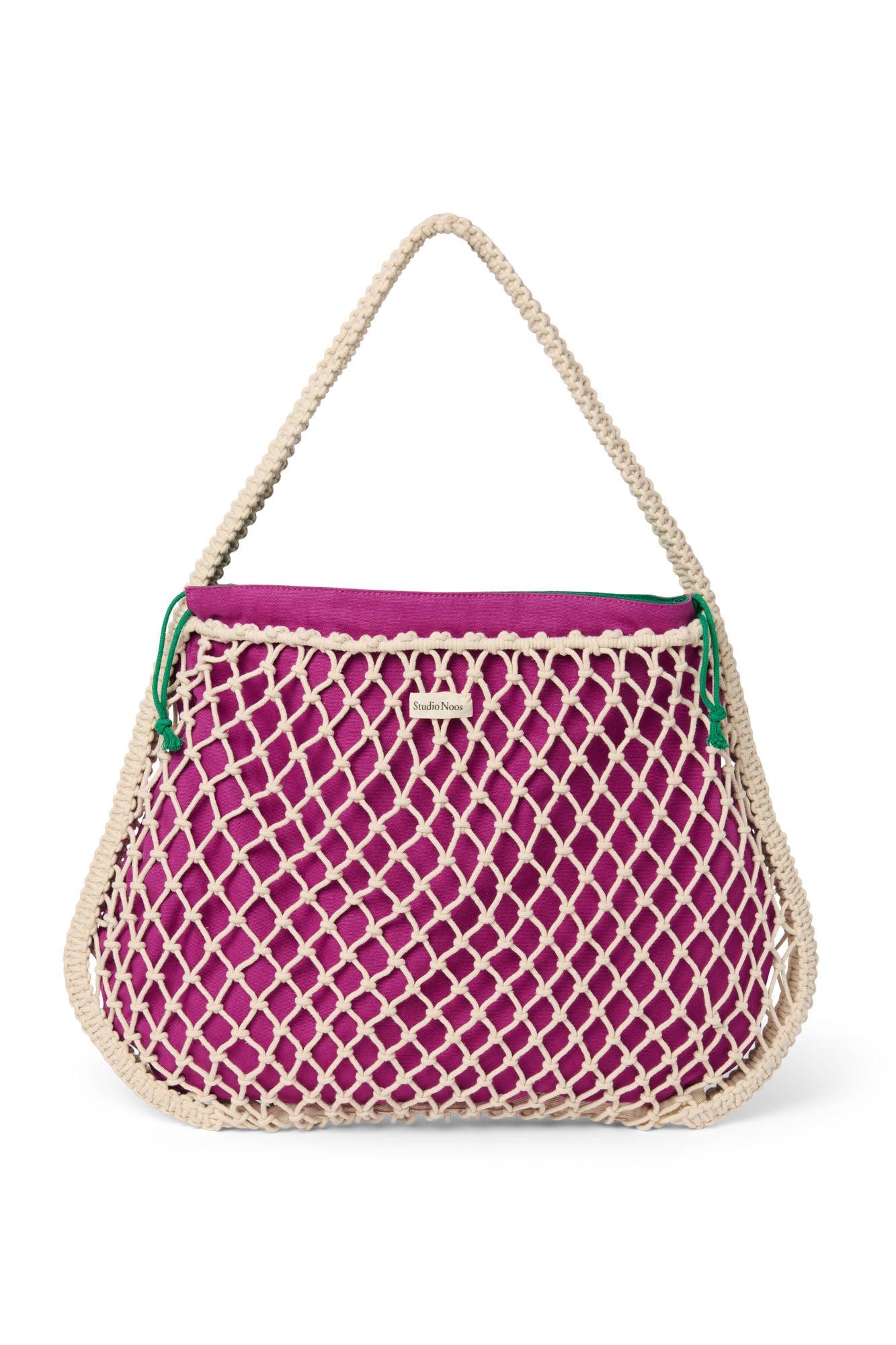 Wende-Inlay in Lila-Grün | Mini-Handtasche aus Makramee in Natur mit