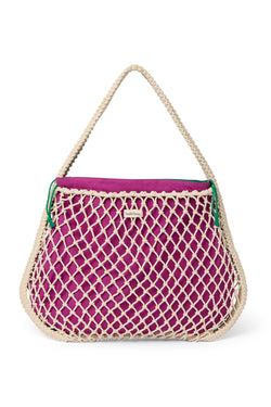 Wende-Inlay in Lila-Grün | Mini-Handtasche aus Makramee in Natur mit