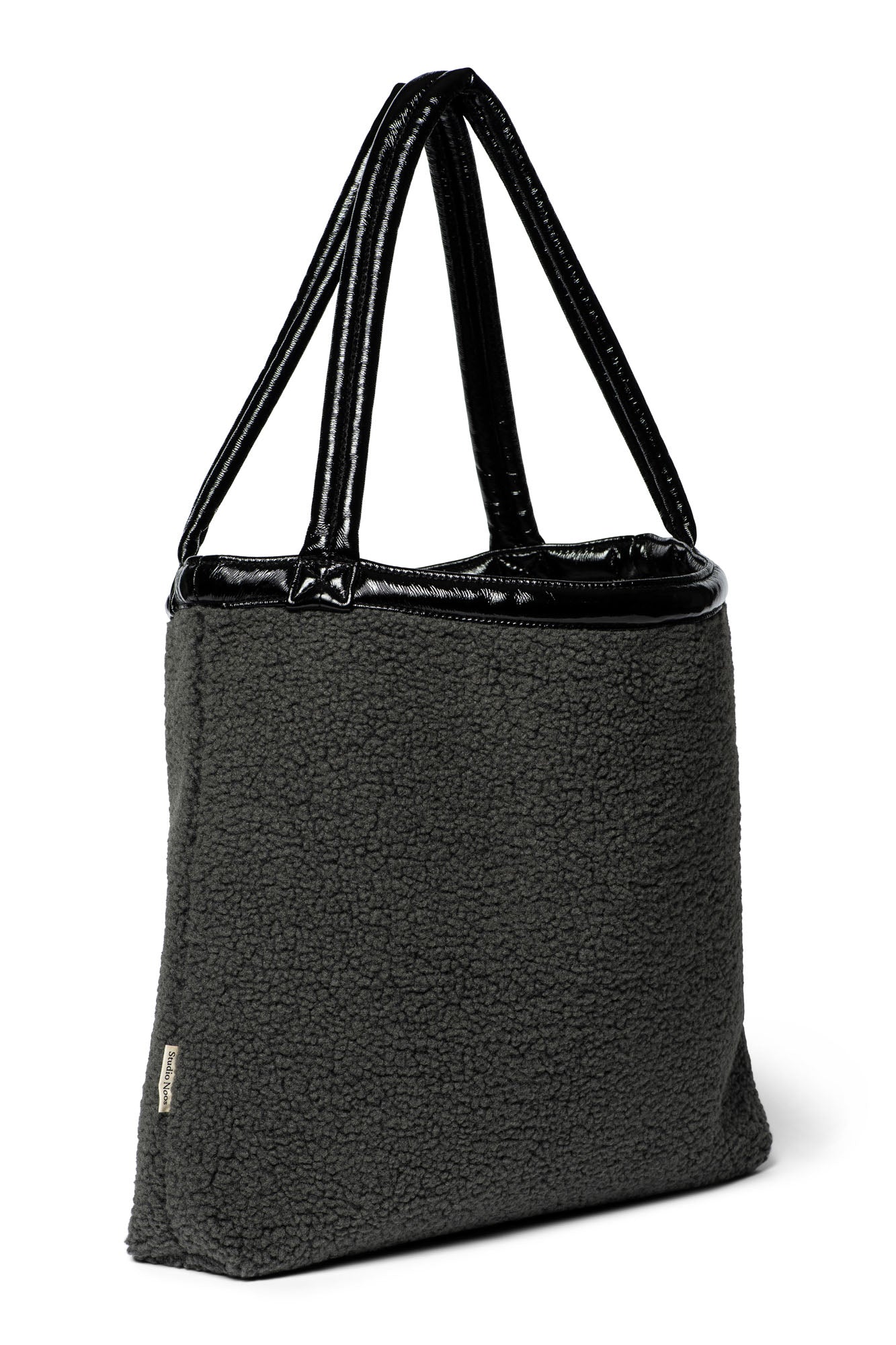 Schwarze Teddy wendbare Lack Mom Bag