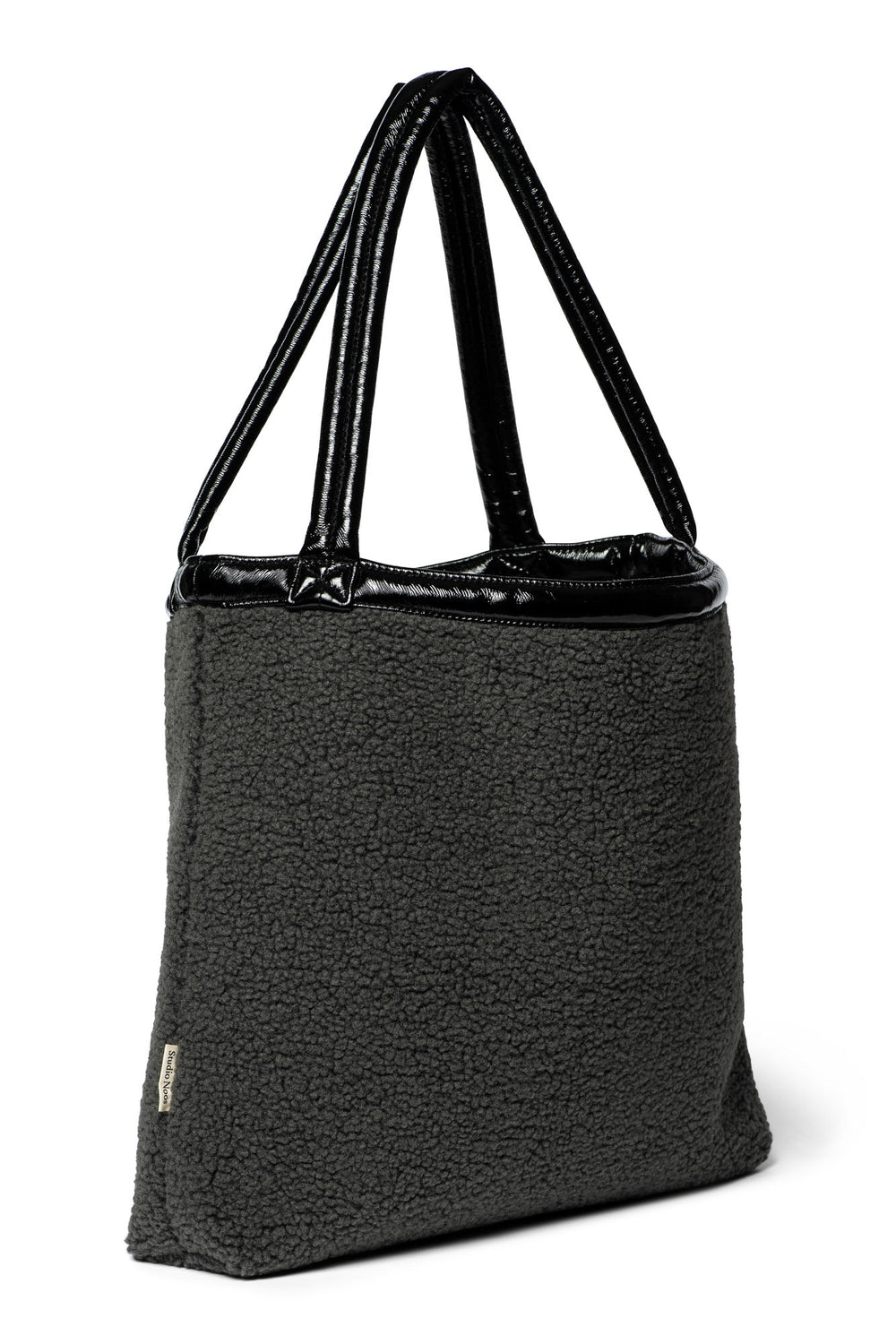 Schwarze Teddy wendbare Lack Mom Bag
