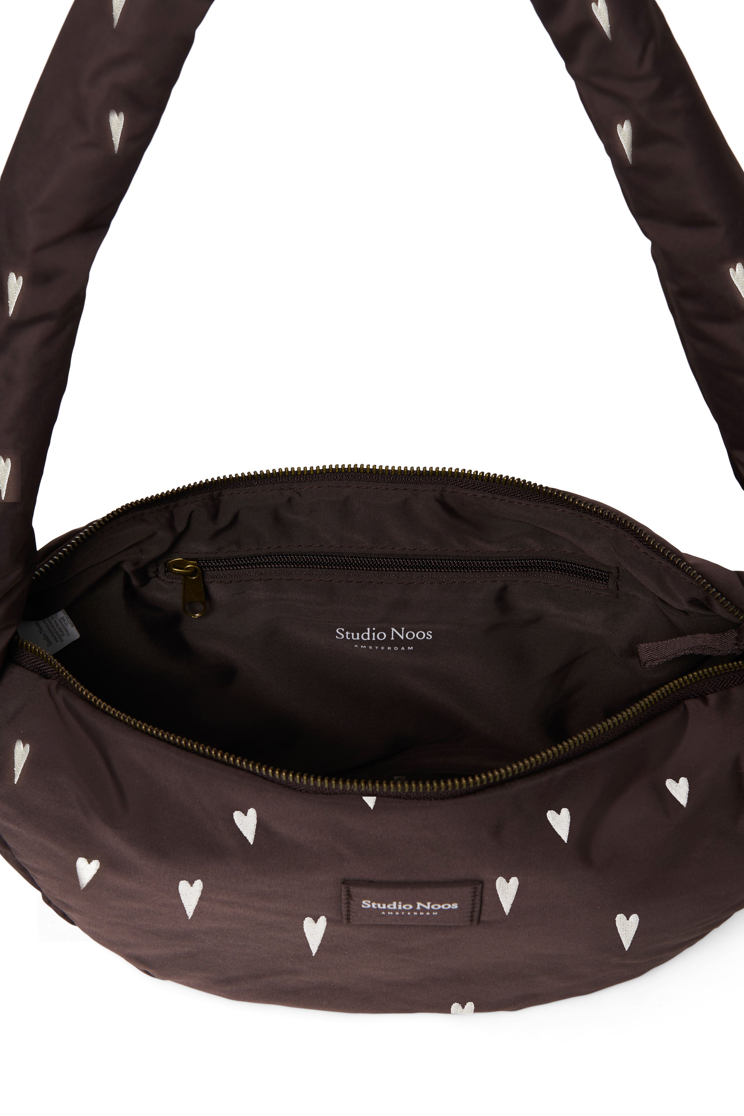 Braune Puffy Mini-Umhängetasche mit Herzen