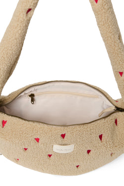 Ecru Teddy Mini-Umhängetasche mit Herzen