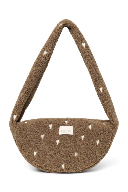 Braune Teddy Mini-Umhängetasche mit Herzen