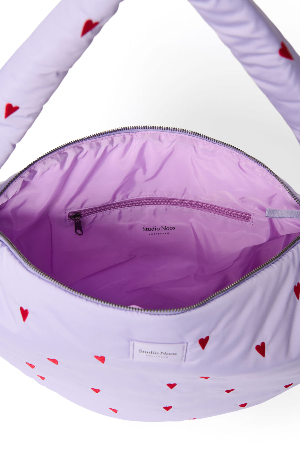 Lila Puffy-Umhängetasche mit Herzen